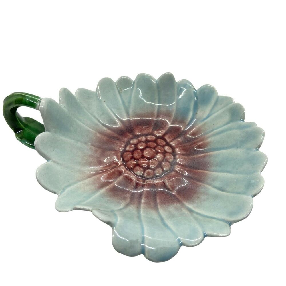 Flower Trinket Dish Vintage Turquoise Purple Ceramic w/ Handle Decor 7" Retro